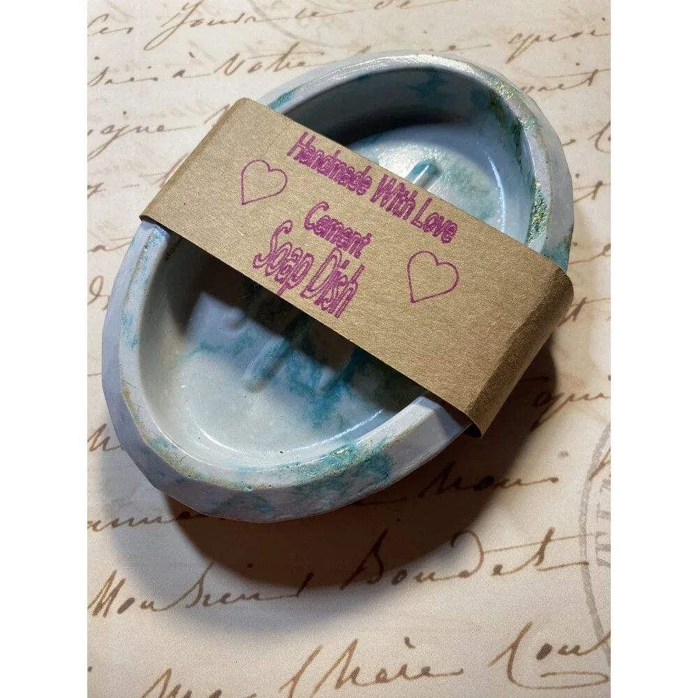Handmade Soap Dish Cement Soap Holder Oval Bathroom Kitchen Marbled Teal